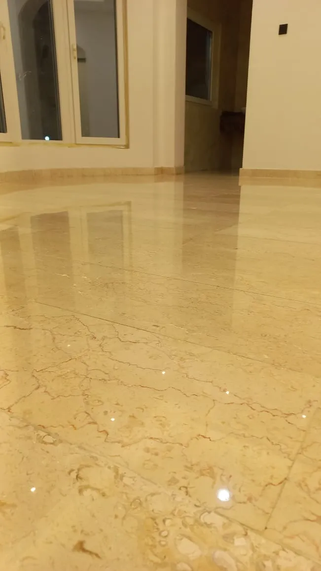 Restored marble floor near a villa pool entrance in Palm Jumeirah