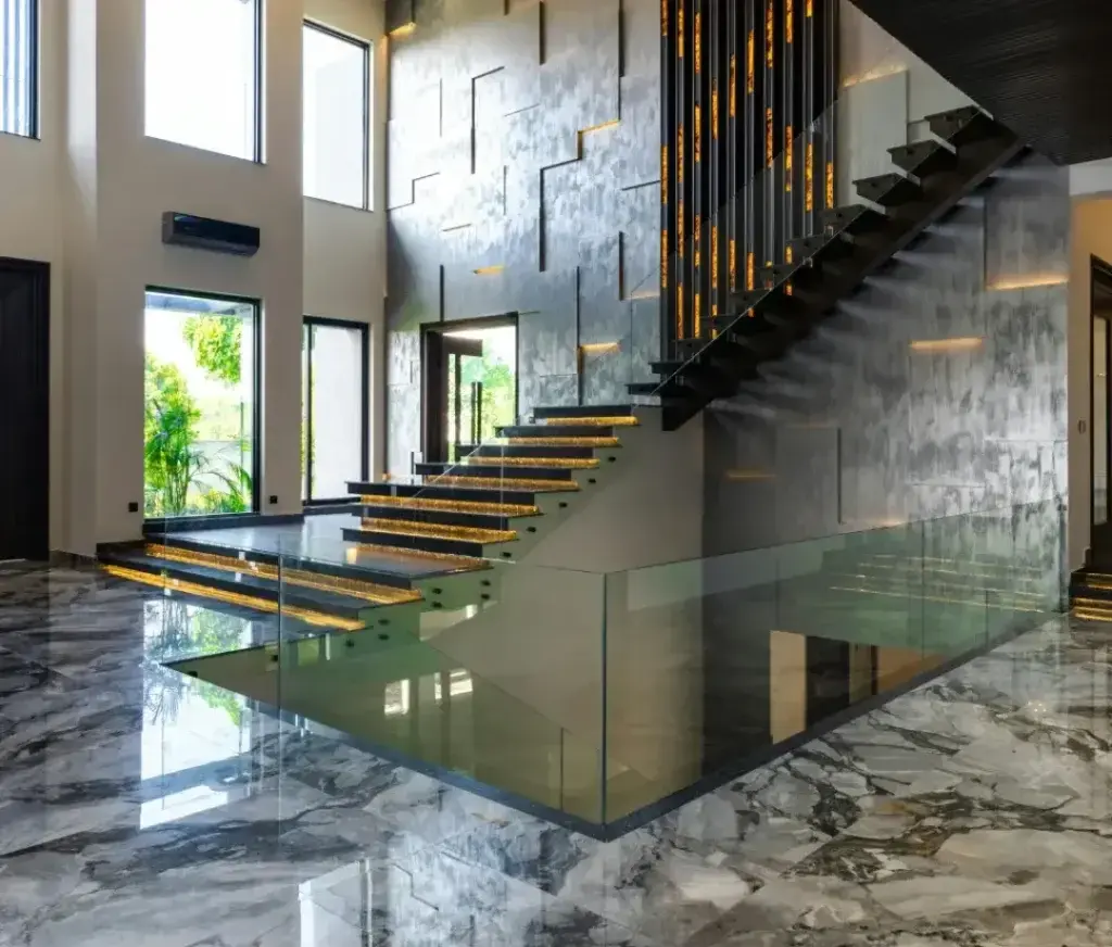 Crystal clear marble floor finish after crystallization treatment in Dubai