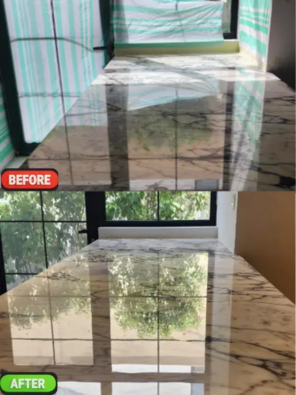 Marble table countertop before and after polishing