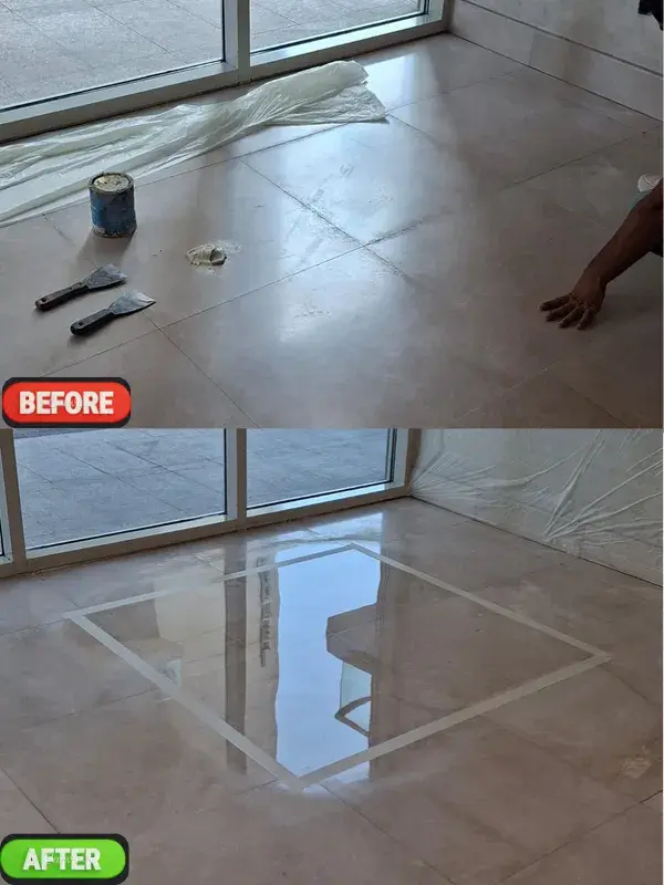 Marble floor polishing before and after in a Dubai property