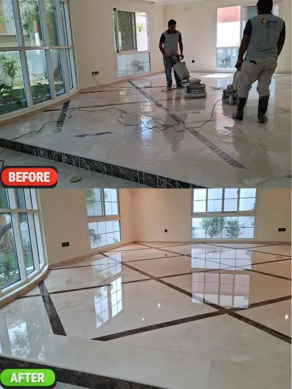 Room floor polishing before and after in a Dubai home